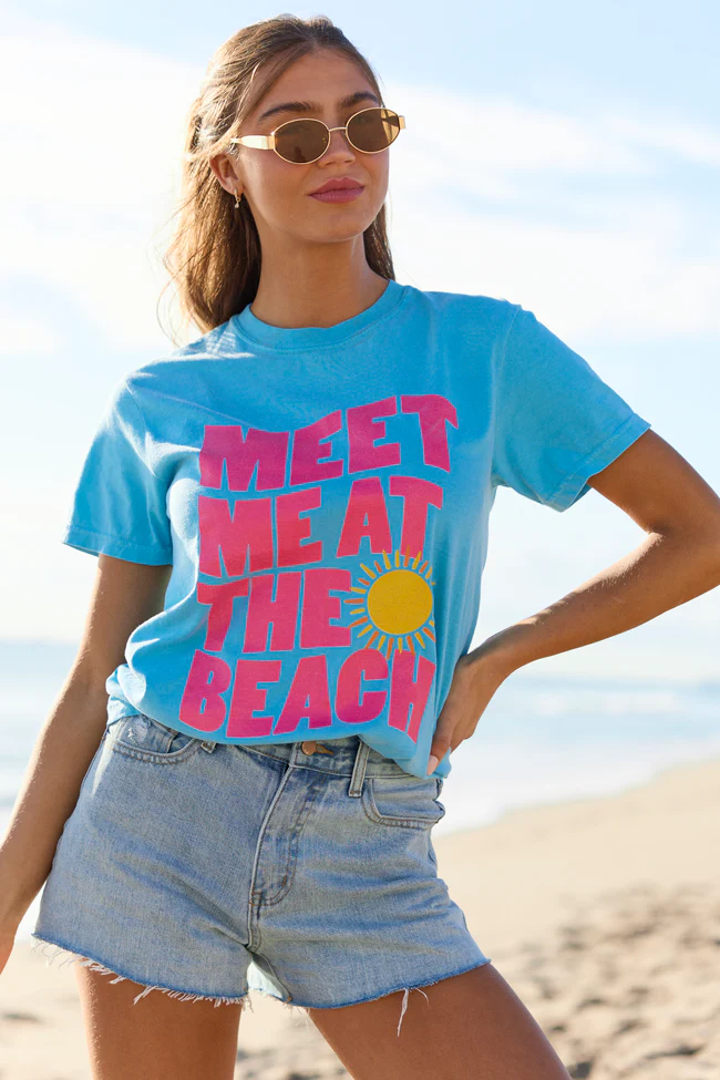 Meet Me At The Beach Blue Graphic Tee