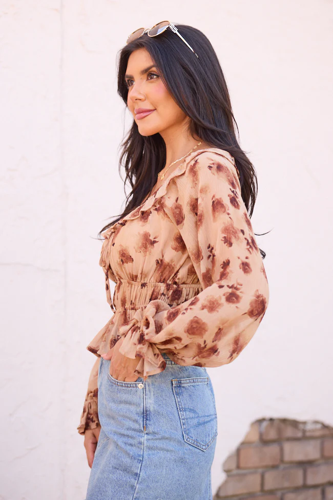 Melana Brown Floral Peasant Top FINAL SALE - Image 3