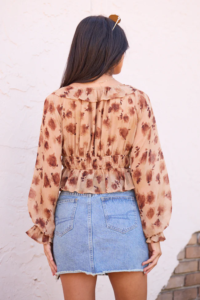 Melana Brown Floral Peasant Top FINAL SALE - Image 4