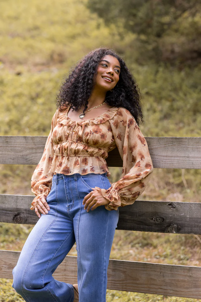 Melana Brown Floral Peasant Top FINAL SALE - Image 5