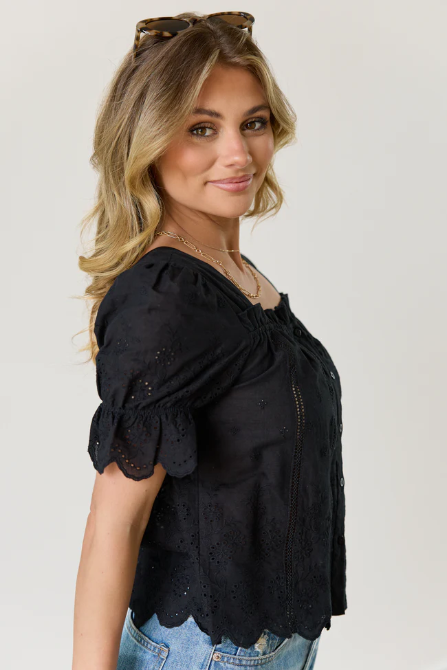 Michelle Black Eyelet Puff Sleeve Top - Image 3