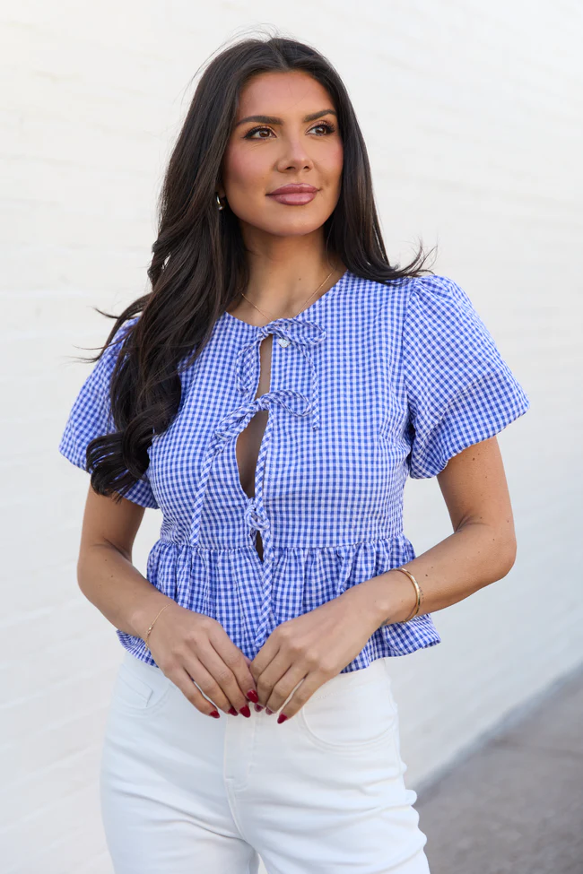 Mila Blue Gingham Tie Front Flounce Woven Blouse - Image 3