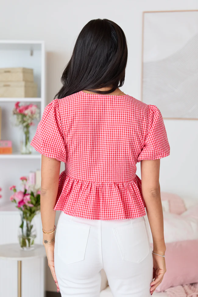 Mila Red Gingham Tie Front Flounce Woven Blouse - Image 5