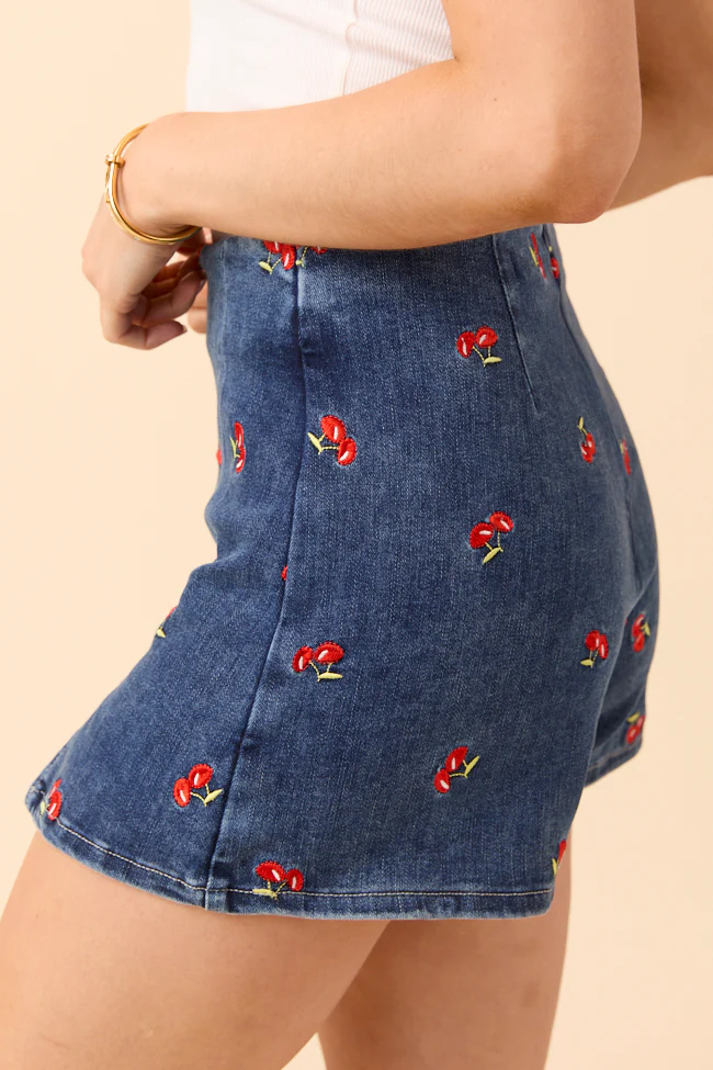My Favorite Dark Wash Cherry Embroidered Side Slit Denim Skort SALE - Image 6