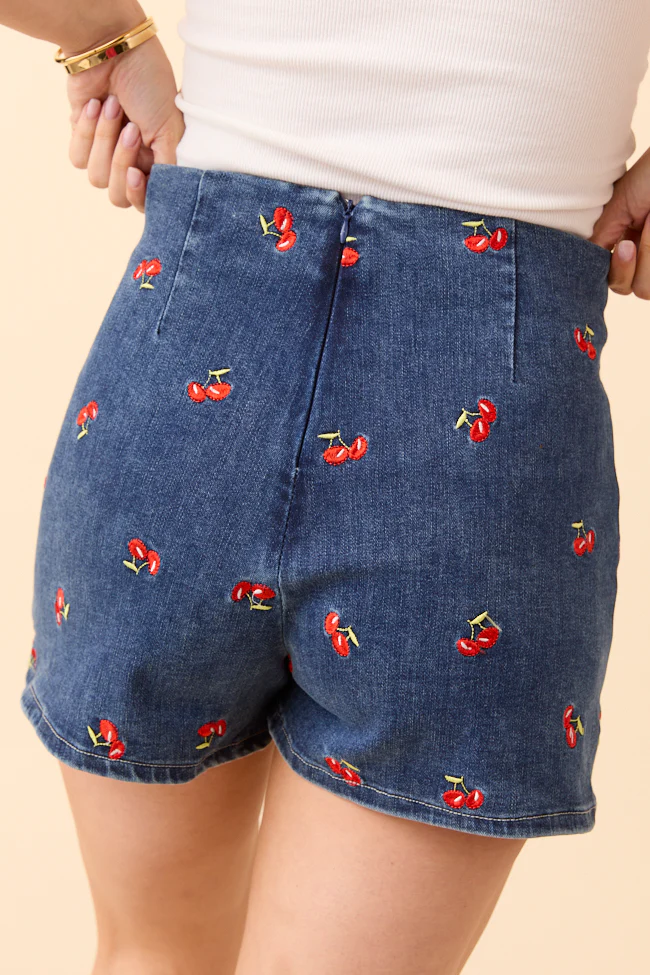 My Favorite Dark Wash Cherry Embroidered Side Slit Denim Skort SALE - Image 7