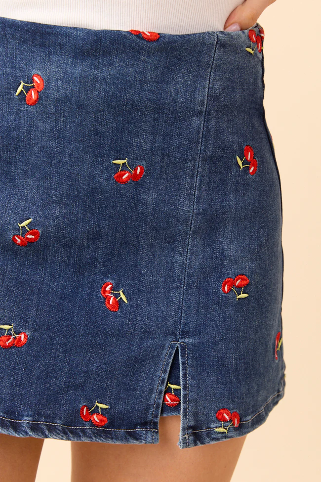 My Favorite Dark Wash Cherry Embroidered Side Slit Denim Skort SALE - Image 8