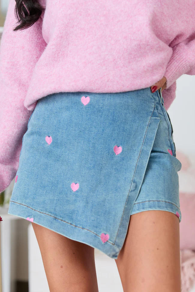 My Favorite Heart Embroidery Denim Skort FINAL SALE