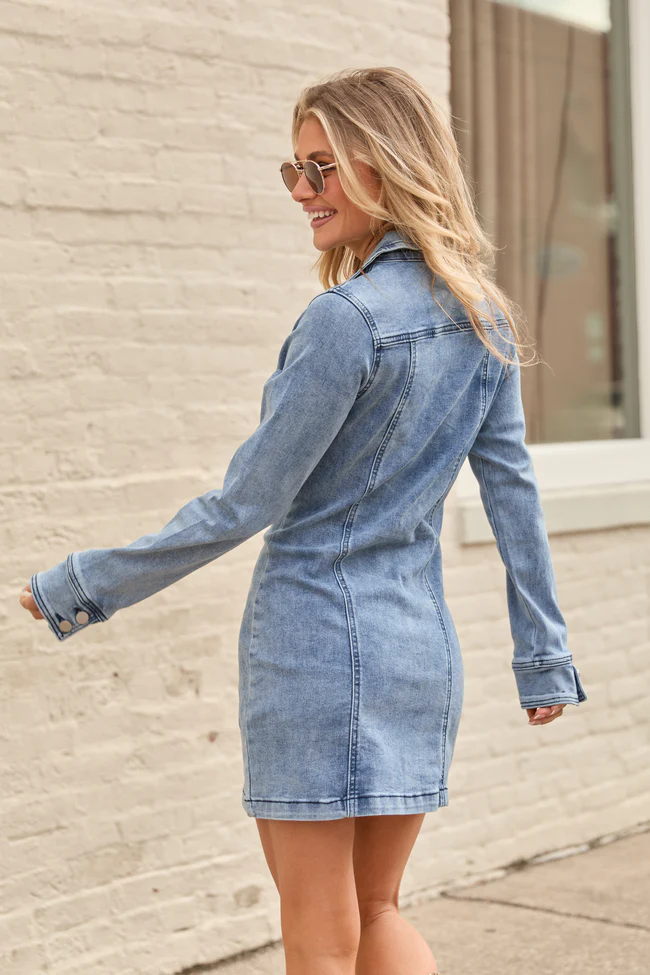 My Favorite Long Sleeve Denim Pocket Mini Dress - Image 4