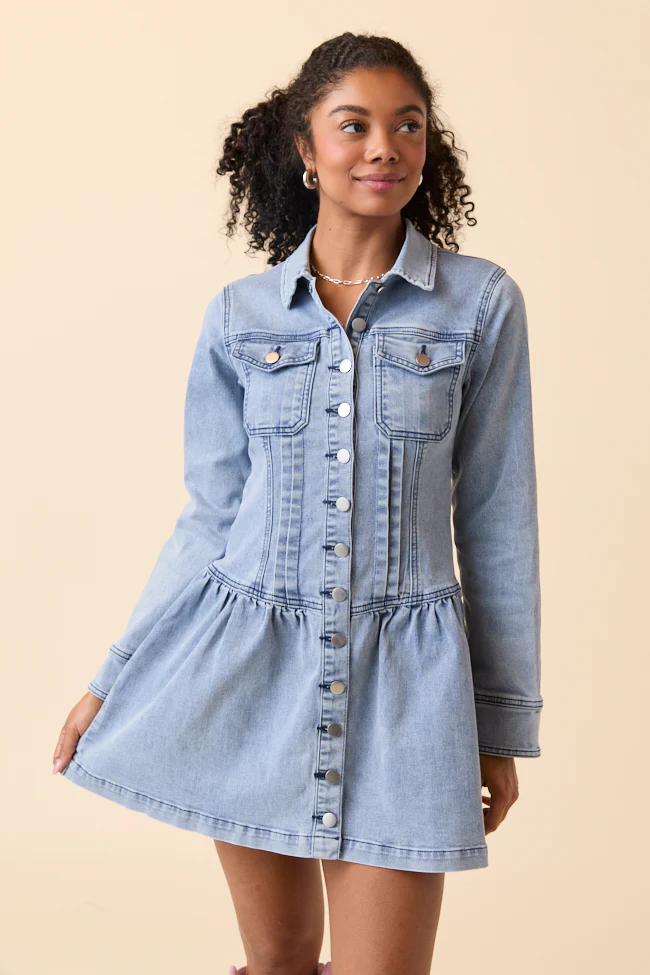 My Favorite Medium Wash Long Sleeve Button Front Mini Dress SALE - Image 5