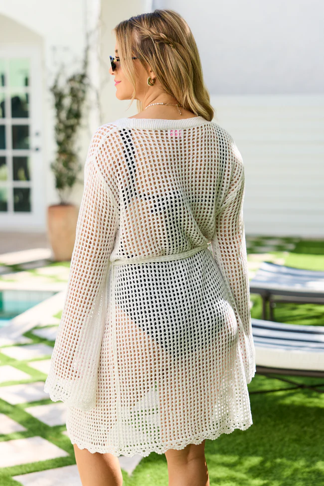 Nautical Charm Ivory Open Knit Belted Cover Up - Image 5