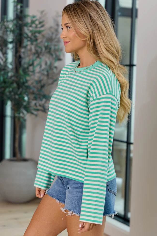 Nylah Green Striped Long Sleeve Crewneck Top - Image 4