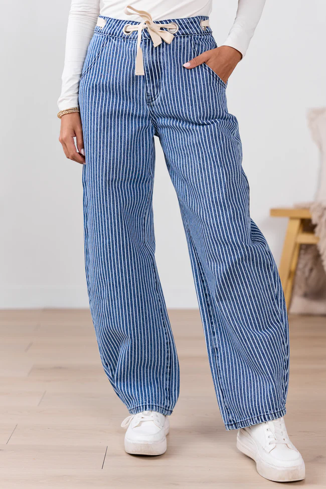 Olivia Navy Pinstripe Barrel Jeans - Image 2