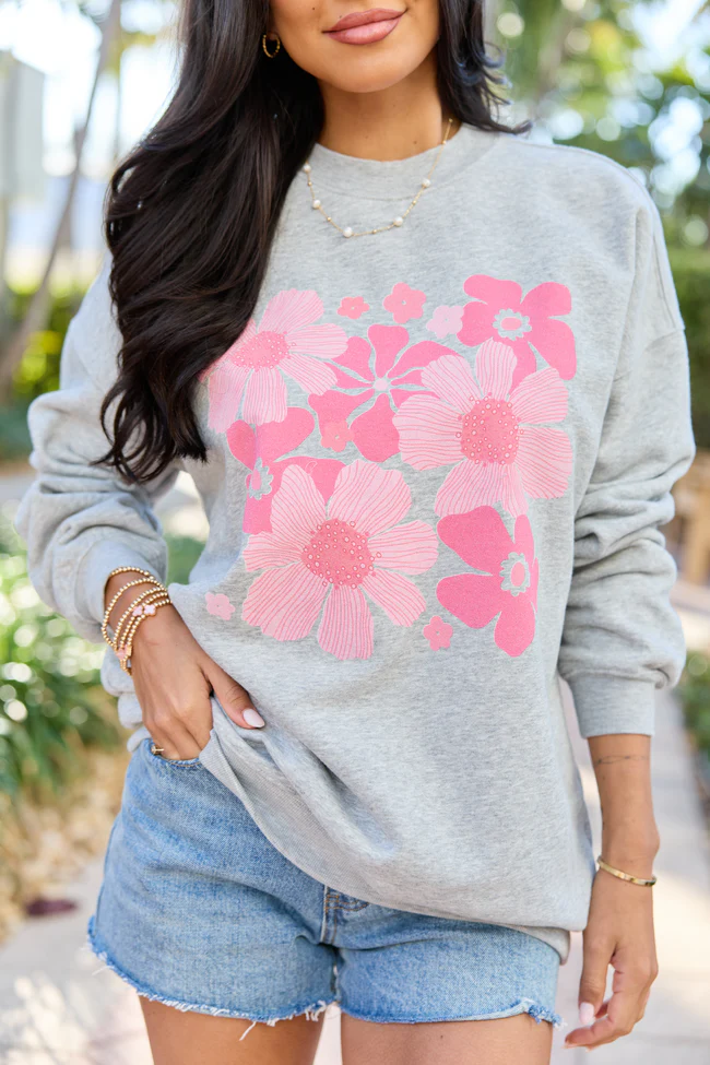 Organic Floral Print Light Grey Graphic Sweatshirt - Image 2