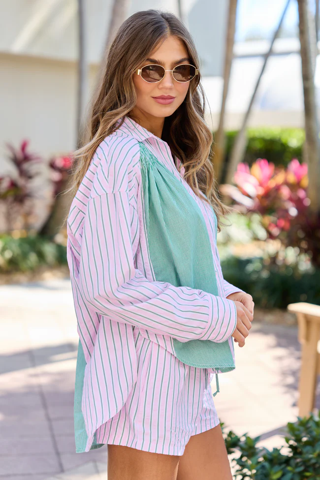 Palm Grove Light Pink and Green Multi Stripe Button Down Shirt - Image 4