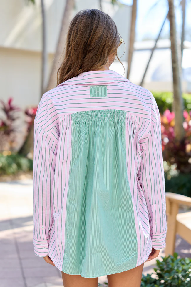 Palm Grove Light Pink and Green Multi Stripe Button Down Shirt - Image 5