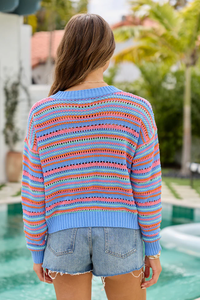 Party Cove Blue Multi Striped Open Knit Sweater - Image 10