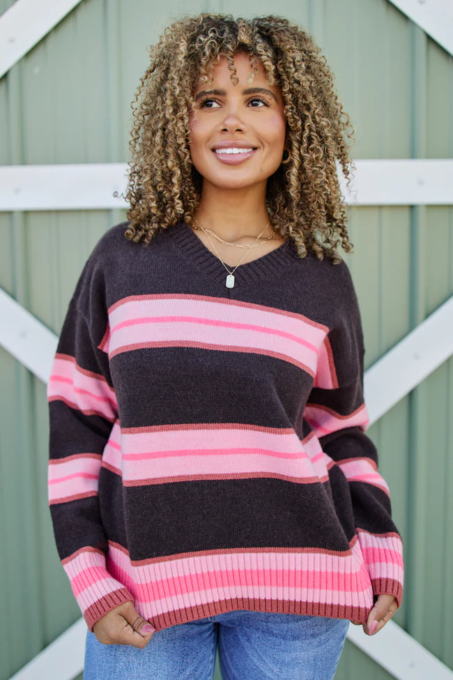 Pollie Brown And Pink Stripe V-Neck Sweater FINAL SALE - Image 3