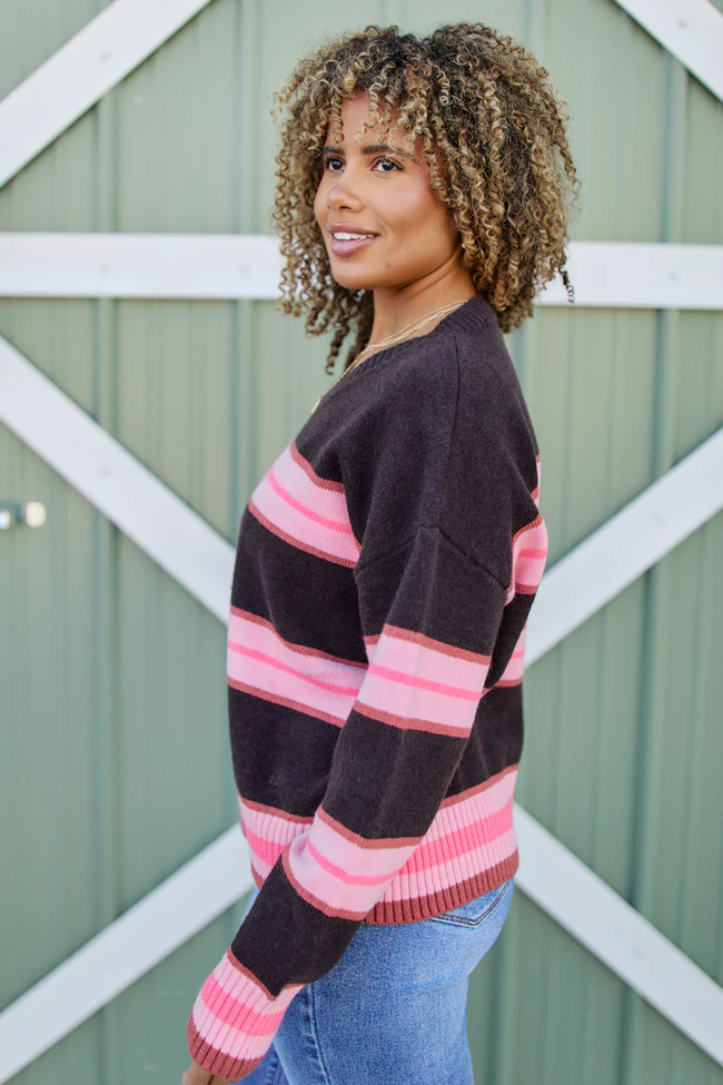 Pollie Brown And Pink Stripe V-Neck Sweater FINAL SALE - Image 4