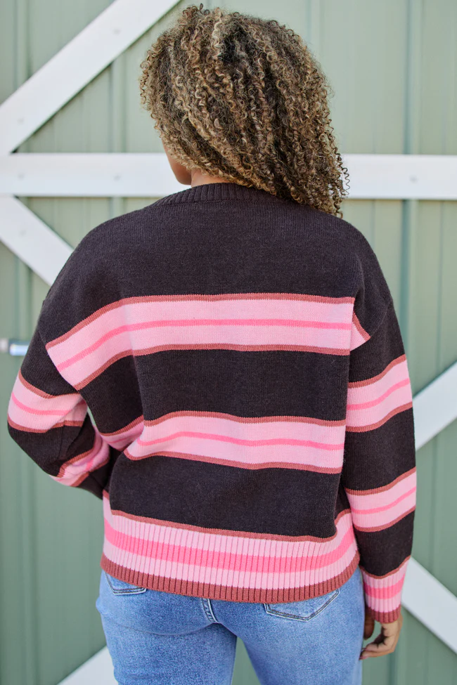 Pollie Brown And Pink Stripe V-Neck Sweater FINAL SALE - Image 5