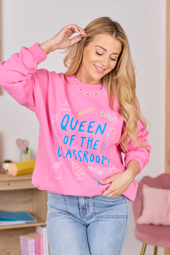 Queen Of The Classroom Pink Graphic Sweatshirt - Image 2