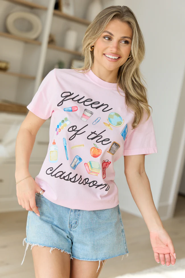 Queen Of The Classroom Watercolor Light Pink Graphic Tee - Image 3