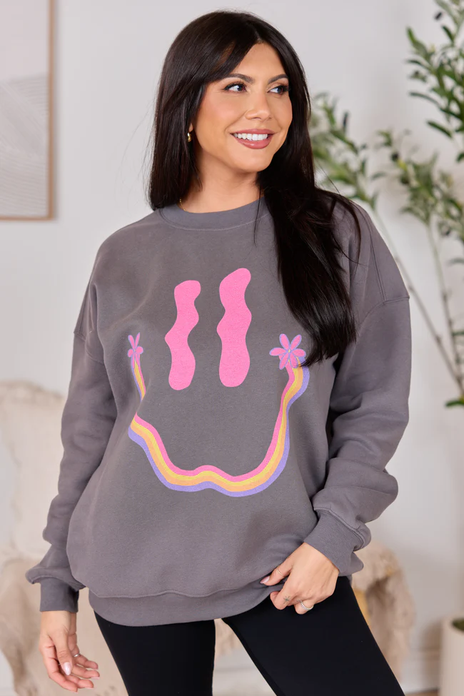 Retro Smiley Dark Grey Graphic Sweatshirt - Image 4