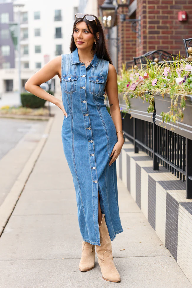Romy Denim Button Front Maxi Dress - Image 2
