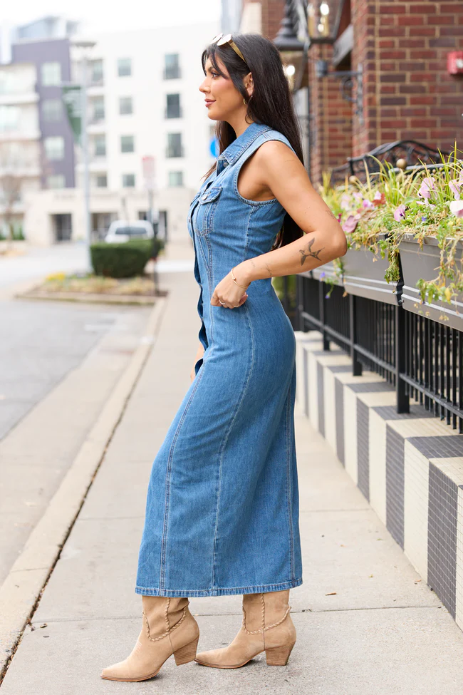 Romy Denim Button Front Maxi Dress - Image 3