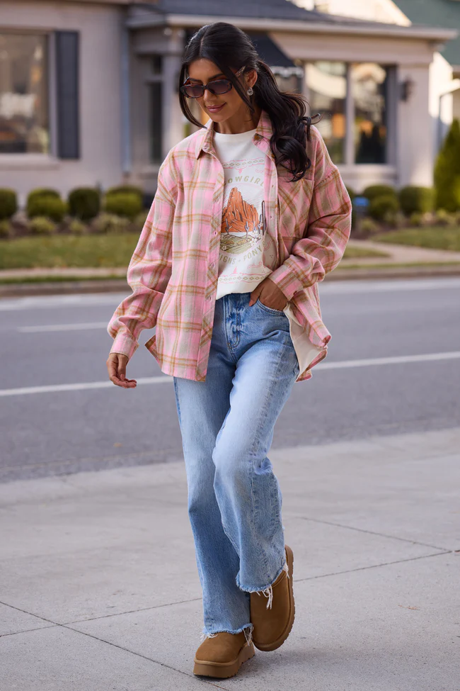Rory Pink And Brown Plaid Flannel Top FINAL SALE - Image 2