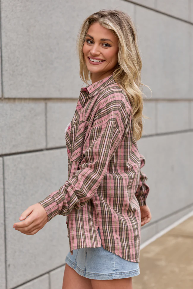 Rory Pink And Green Plaid Flannel Button Down Top FINAL SALE - Image 3