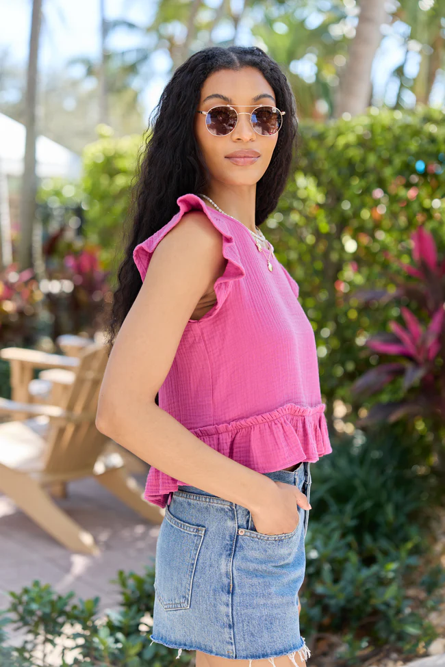 Ruby Pink Gauze Flutter Button Back Woven Blouse - Image 4