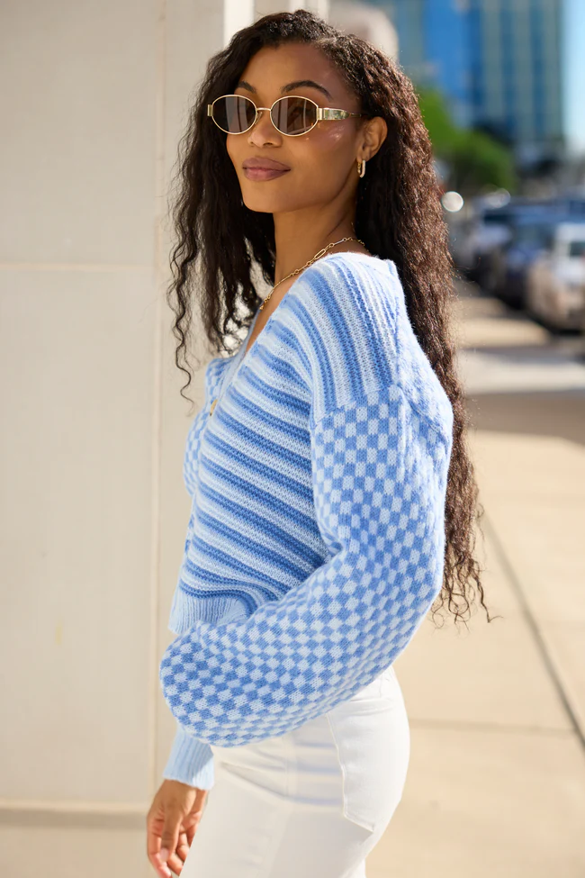 Samara Checkered And Stripes Blue Cardigan - Image 4