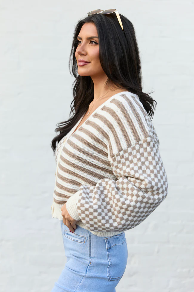 Samara Checkered And Stripes Brown And Cream Cardigan - Image 3