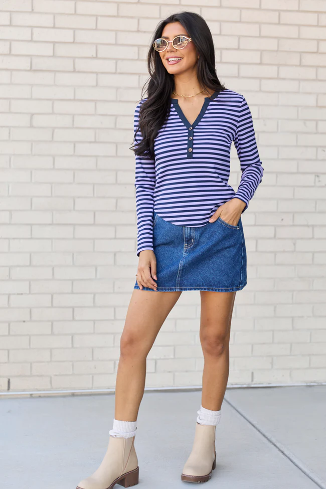 Sammi Navy Blue And Purple Striped Long Sleeve Top FINAL SALE - Image 2