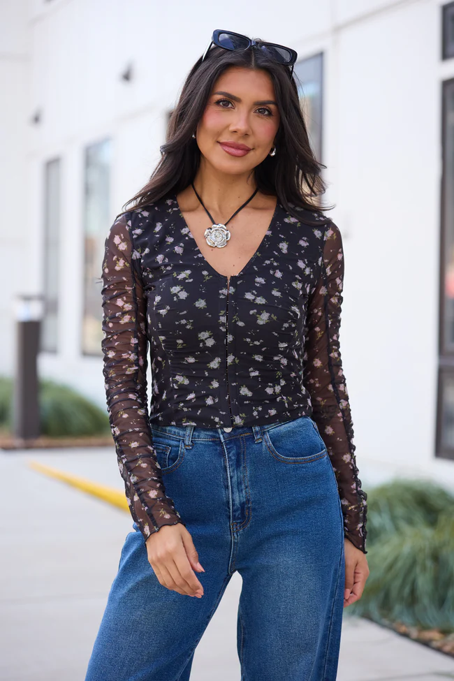 Saniya Black Floral Mesh V-Neck Top FINAL SALE