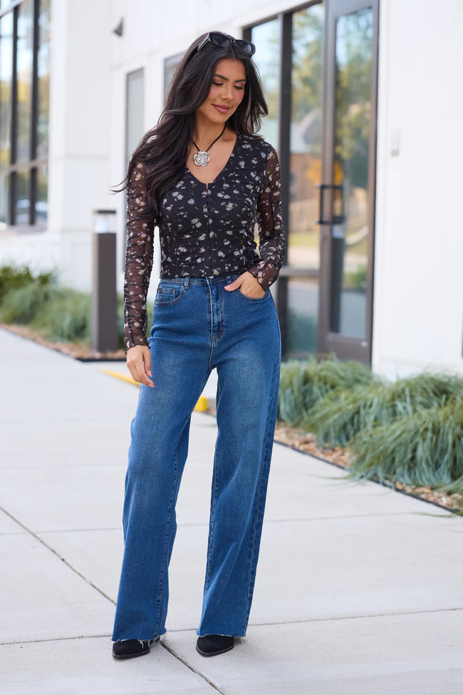 Saniya Black Floral Mesh V-Neck Top FINAL SALE - Image 2