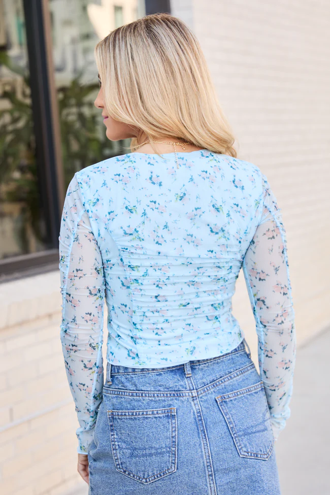 Saniya Blue Floral Mesh V-Neck Top FINAL SALE - Image 5