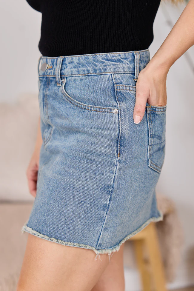 Sarah Frayed Hem Medium Wash Denim Mini Skirt SALE - Image 3