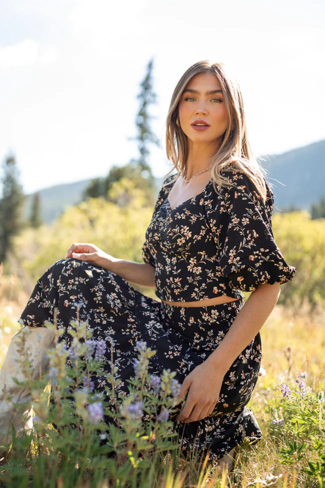 Sasha Black Floral Puff Sleeve Smocked Blouse FINAL SALE