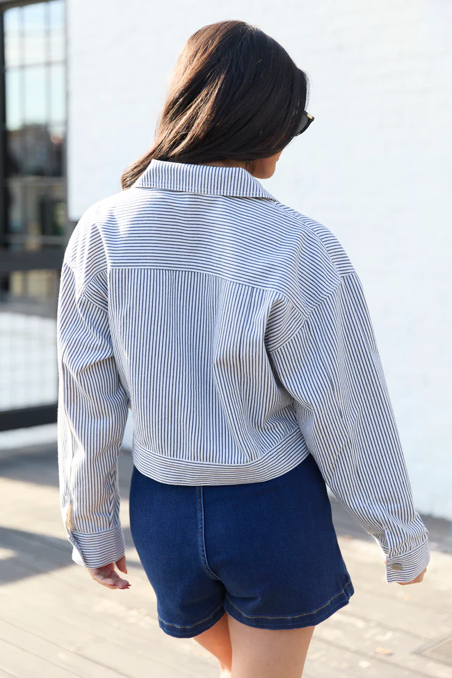 Say It Again Navy Striped Denim Jacket - Image 4