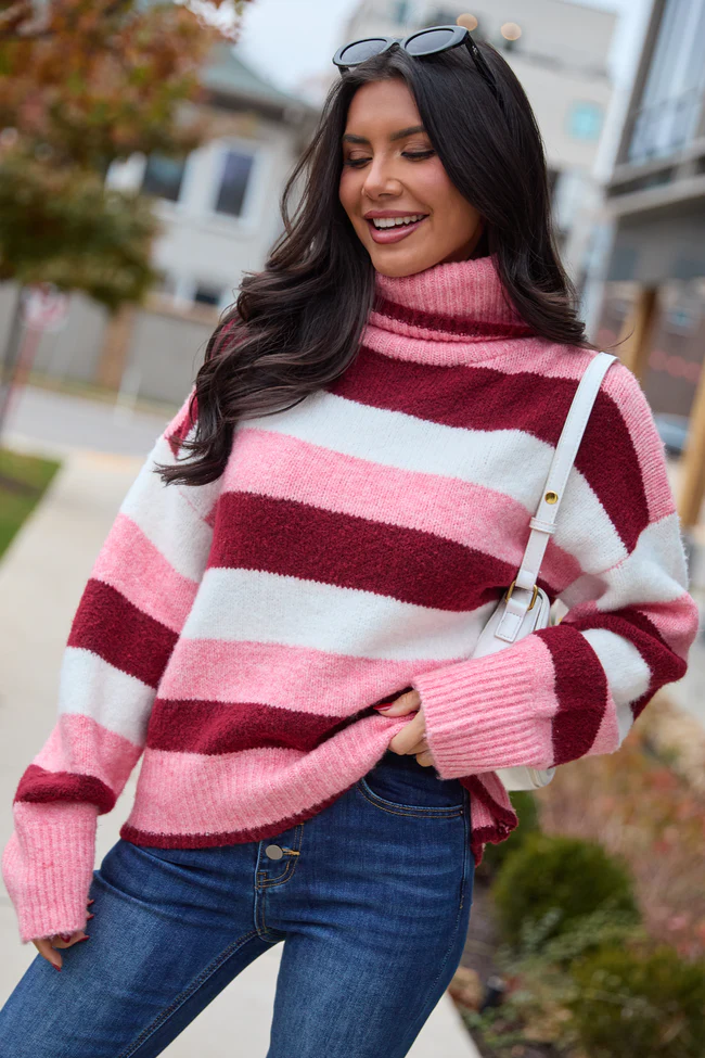 Shaylee Pink And Berry Stripe Turtleneck Sweater FINAL SALE