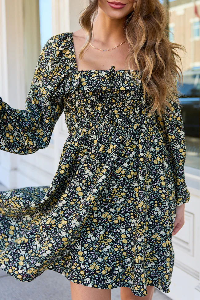 Sophia Black Floral Smocked Top Dress - Image 5