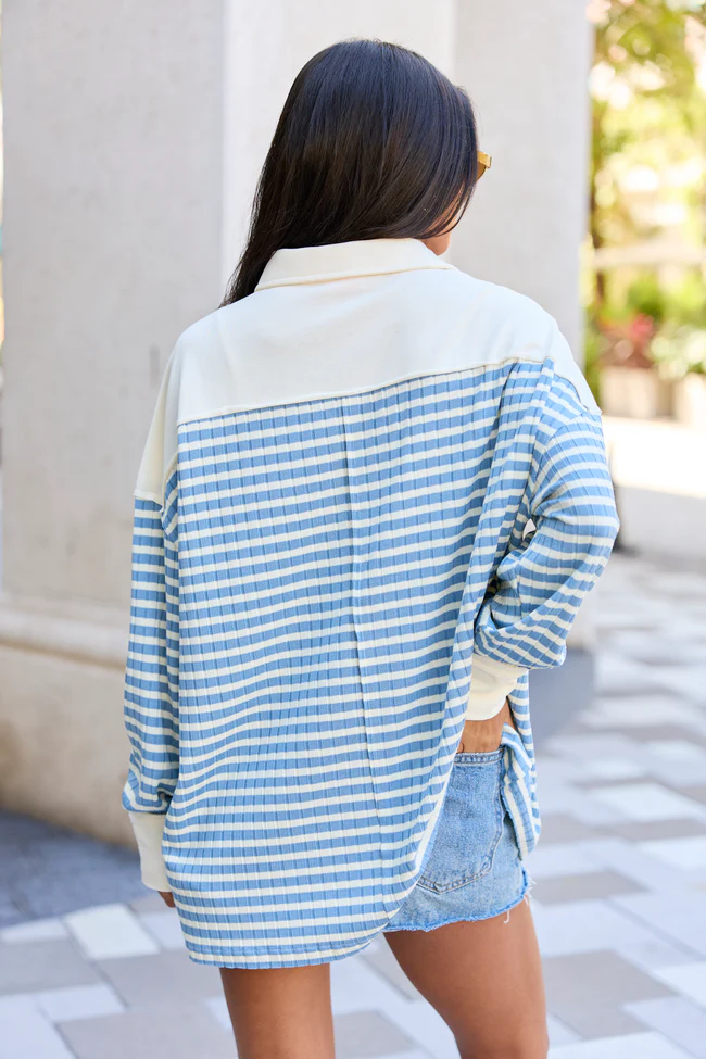 This Is The Life Blue And Ivory Stripe Oversized Henley Top - Image 6