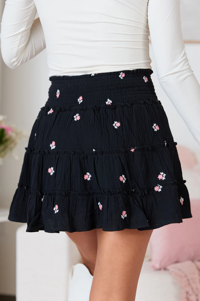 Through The Garden Black Gauze Floral Mini Skort - Image 4