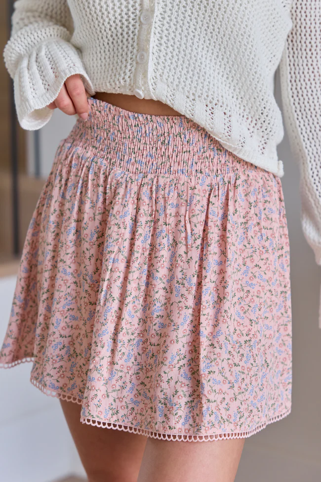 Through The Garden Pink Multi Floral Eyelet Trim Mini Skort - Image 3
