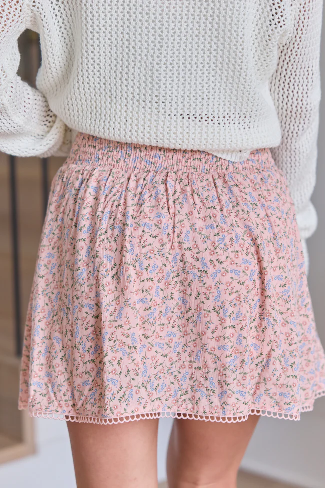 Through The Garden Pink Multi Floral Eyelet Trim Mini Skort - Image 4