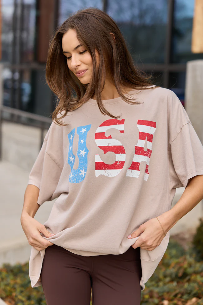 USA Taupe Oversized Graphic Tee - Image 2