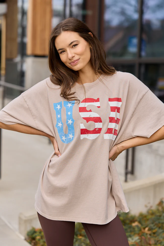 USA Taupe Oversized Graphic Tee - Image 4
