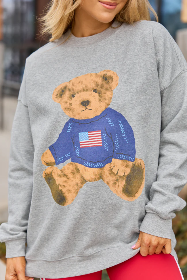 Vintage Teddy Bear Flag Light Grey Graphic Sweatshirt - Image 2
