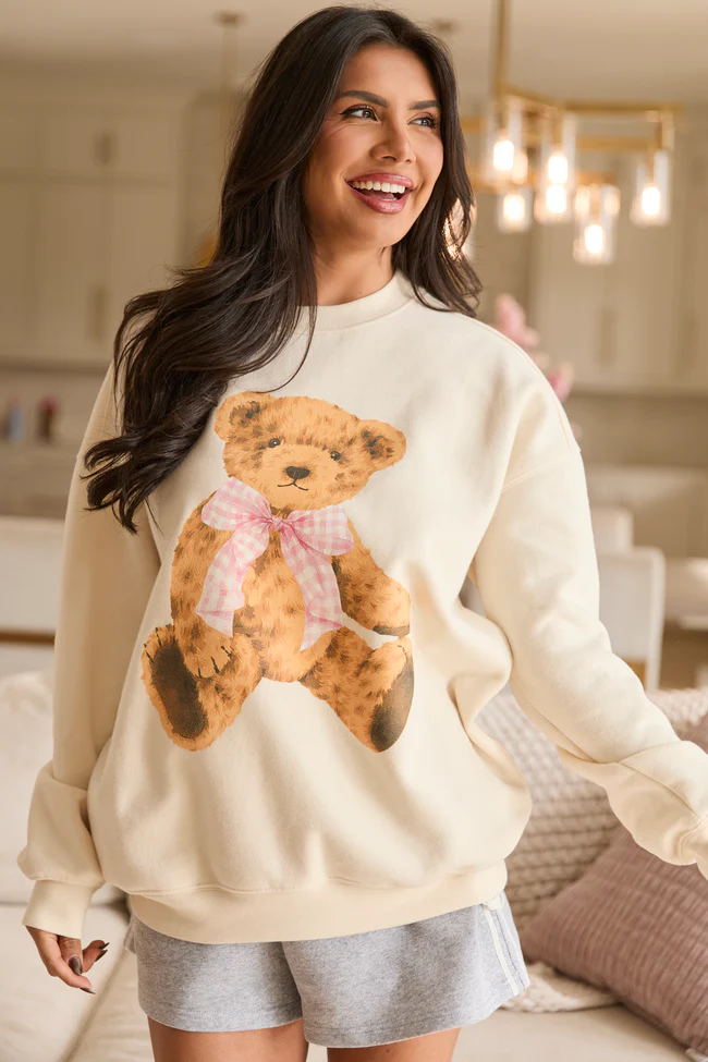 Vintage Teddy Bear Gingham Bow Cream Graphic Sweatshirt - Image 4
